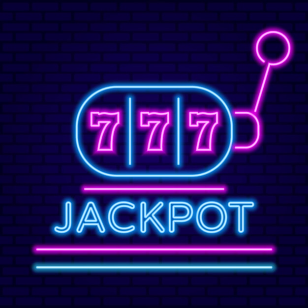 Pink en Blue Neon 777 Jackpot Slot Machine op Dark Brick Wall achtergrond vector illustratie