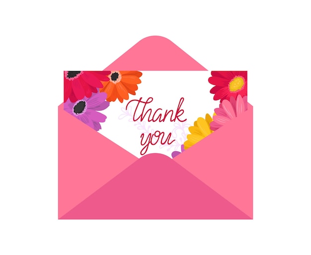 Pink envelope with flowers and thank you note floral gratitude expression vibrant colors