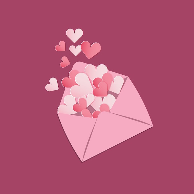 あずき色の背景愛の概念に分離されたピンクの赤と白の心とピンクの封筒