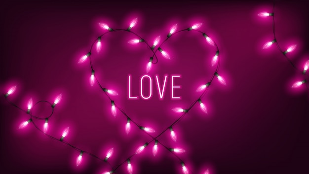 Vector pink fairy lights in heart shape hang on dark background with neon text