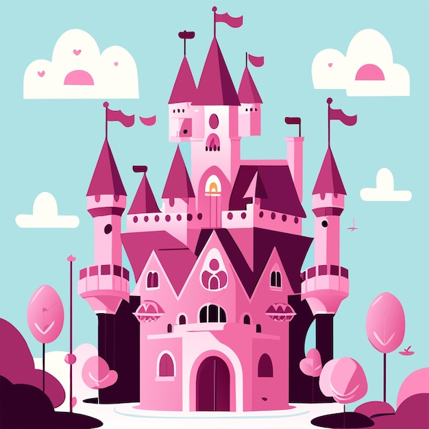 Vector pink fairytale castle hand drawn design magic castle princess or fairy palace