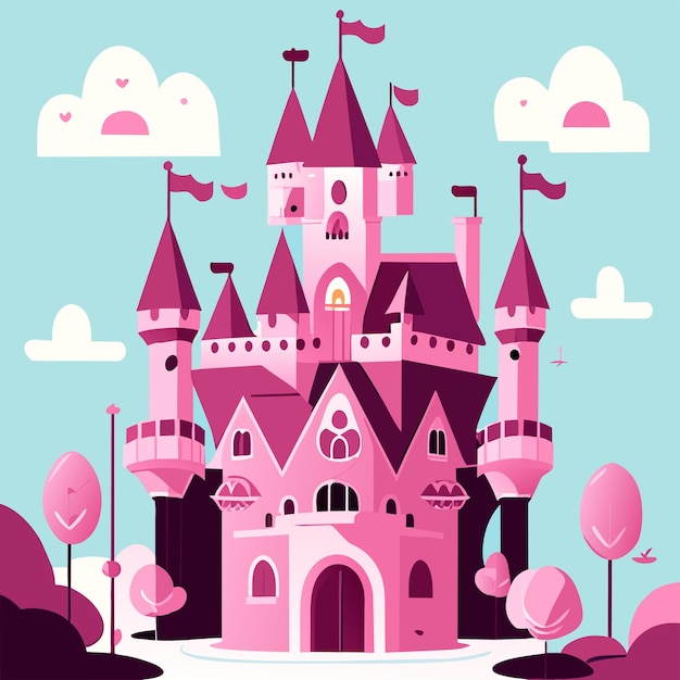 Вектор Розовый сказочный замок рисованный дизайн волшебный замок принцессы или сказочный дворец