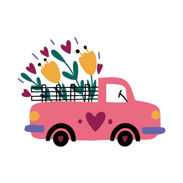 Vettore pink farm car con fiori e foglie. mazzo di fiori, cuori. illustrazione di doodle disegnato a mano di vettore romantico