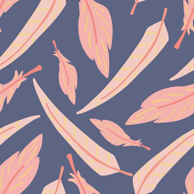 Розовые перья на синем фоне бесшовный узор плоский дизайн