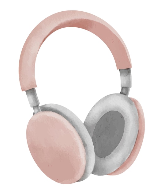 분홍색 여성 헤드폰 흰색 격리된 배경에 있는 이어폰의 손으로 그린 수채화 그림 아이콘이나 로고를 위한 헤드셋 그림 스포츠 훈련 중 음악을 위한 이어폰 스케치