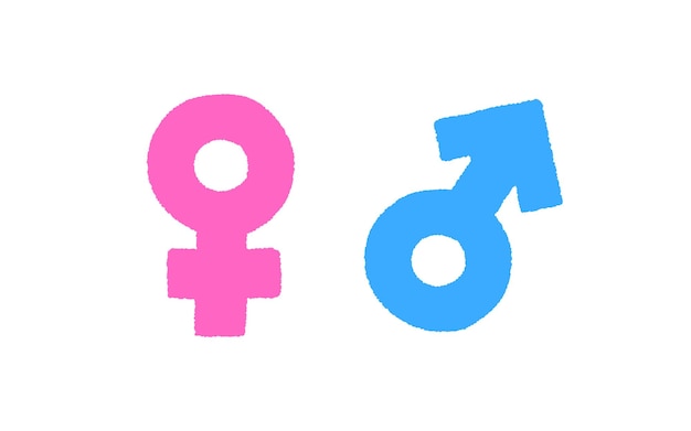 Розовый женский символ Венера и синий мужской символ Марс пушистый стиль гендерные иконки набор векторной иллюстрации