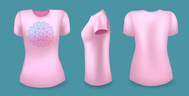 Pink female t shirt with mandala front back and side view vector