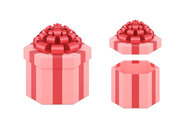 Pink feminine gift box with metallic luxury red bow ribbon isometric realistic d vector