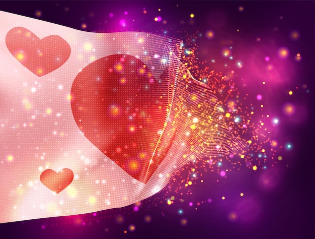 Pink flag with heart for valentines day vector 3d flag on pink purple background with lighting and flares