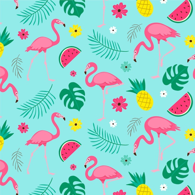 Vector pink flamingo bird pattern with tropical leaves illustrated