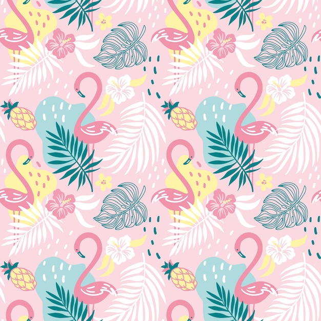 Pink flamingo in exotic forest Summer print Seamless pattern Vector