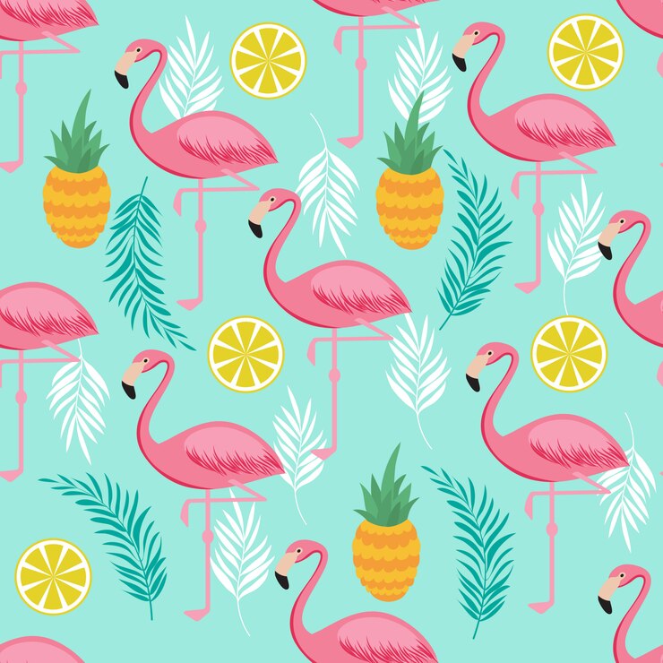 Vector pink flamingo, pineapples and exotic leaves seamless pattern