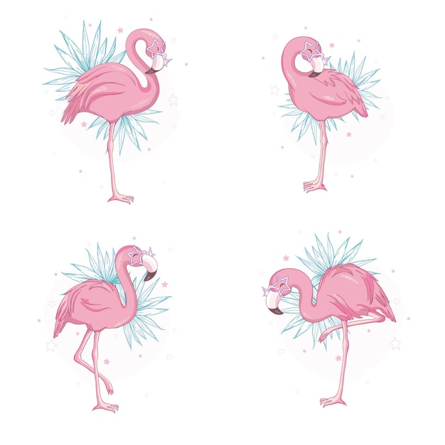 Розовый фламинго векторный мультфильм плоский набор экзотическая коллекция икон тропических птиц, выделенная на белом фоне