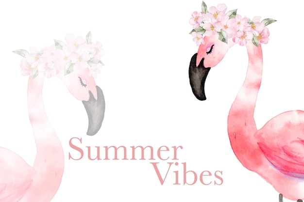 Pink flamingo with pink flower summer vibes card