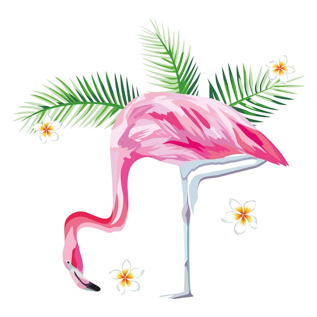 Vector pink flamingo with tropical plants and flowers beach