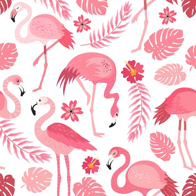 さまざまなポーズのピンクのフラミンゴシームレスパターンベクトル画像