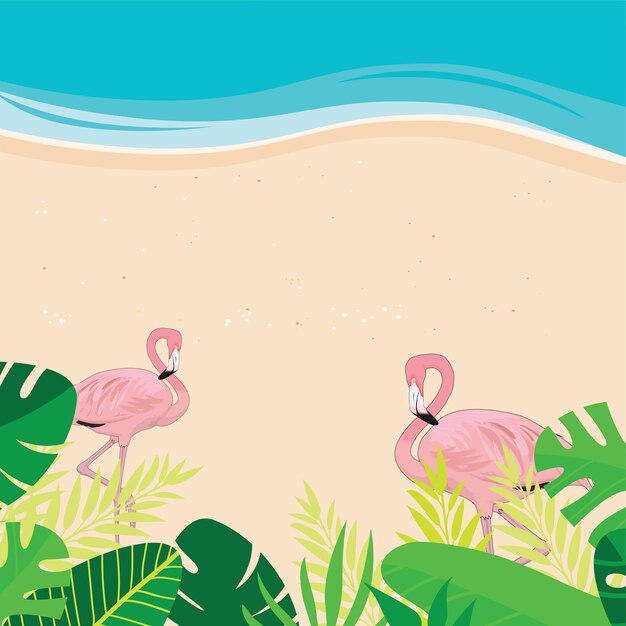 Vector pink flamingos standing on the beach with tropical leaves cartoon style summer time background