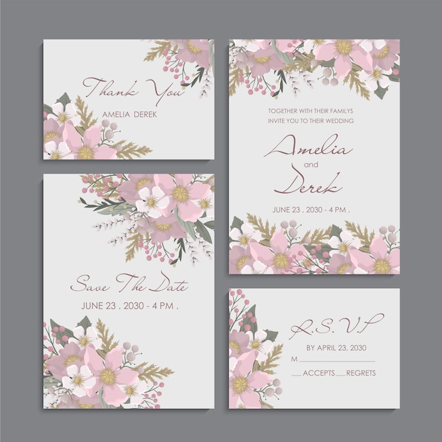 ピンクの花の背景-結婚式招待状セット