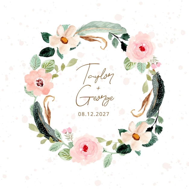 Pink floral and feather floral watercolor wreath