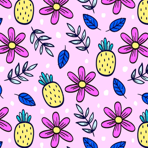 파인애플과 핑크 꽃 패턴