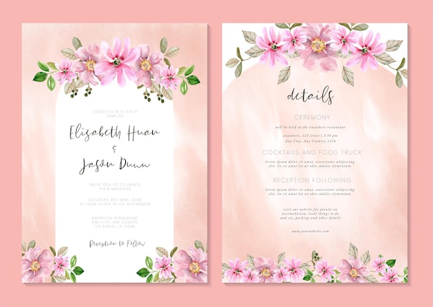 Pink floral watercolor wedding invitation