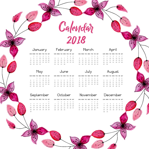 Pink floral wreath calendar 2018