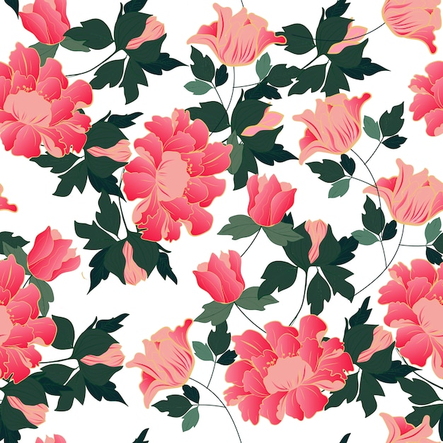 ピンクの花と緑の葉のシームレスパターン