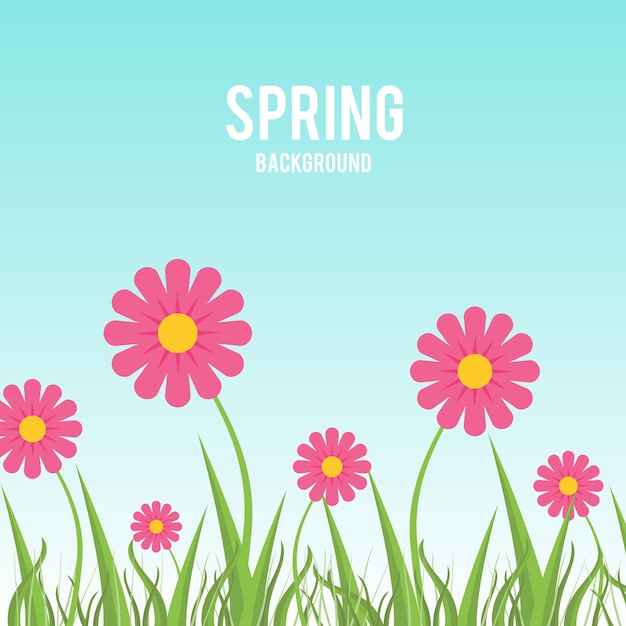 Pink flower and blade of grass with a sky blue spring background