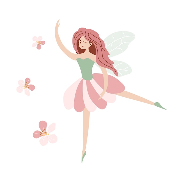 Pink flower fairy with flowers fairytale character hand drawn illustration isolated on white