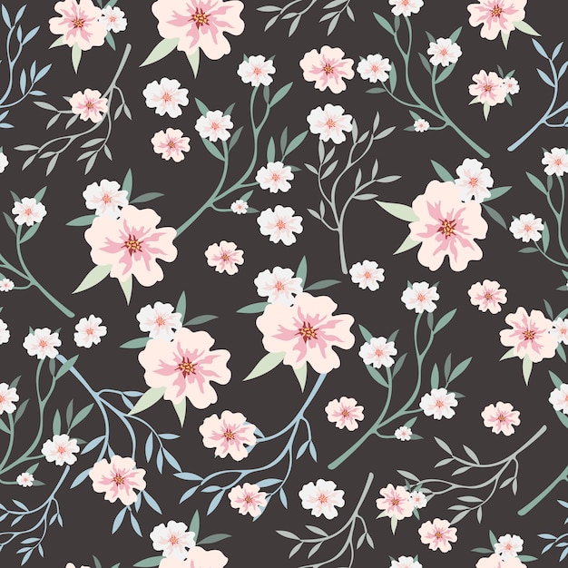 Pink flower and leaf seamless pattern