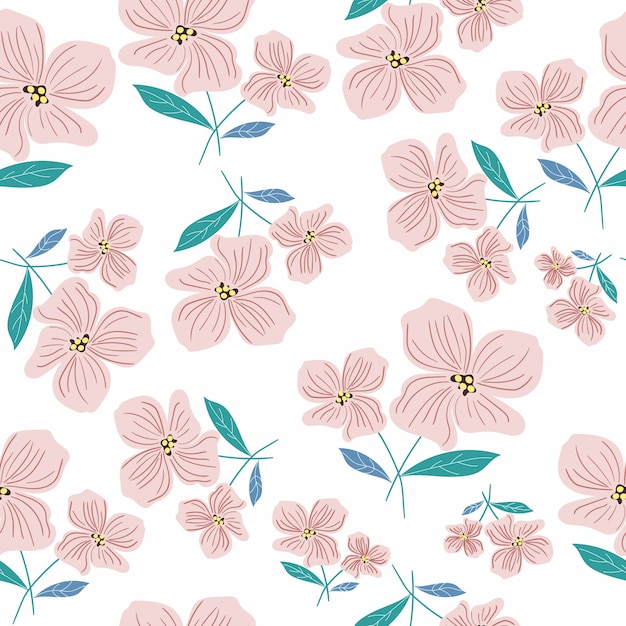 Pink flower and leaves seamless pattern