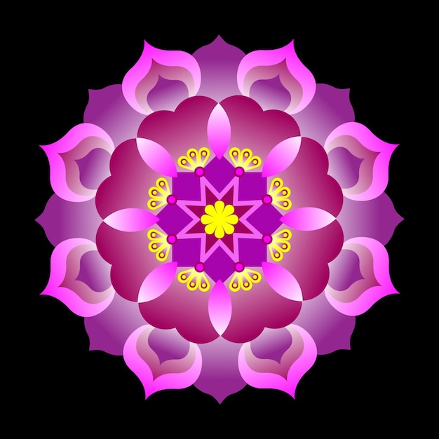 Pink flower mandala art on black background