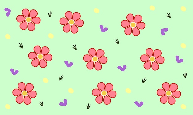Vector pink flower pattern green background with purple love and grass