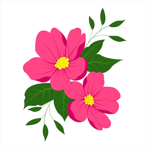 pink flower with green leaves floral vector in illustration