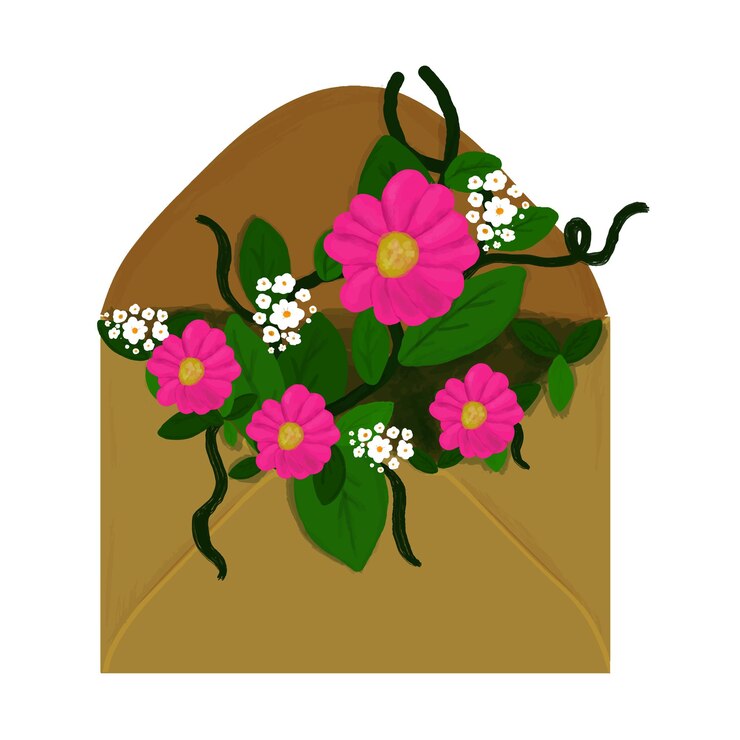 वेक्टर pink flowers and branches in brown envelope on white background