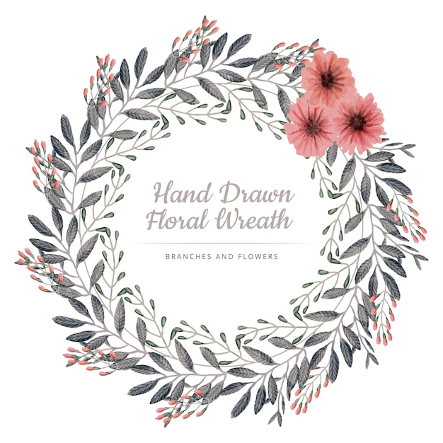 Vector pink flowers and grey branches wreath