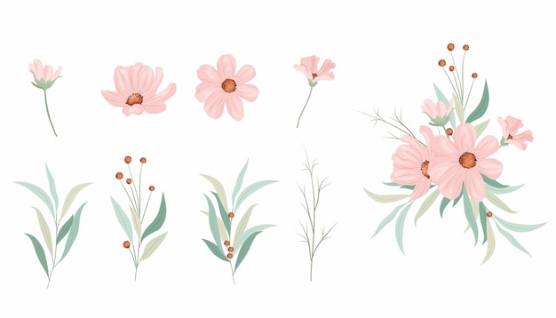 Vector pink flowers and leaves elements