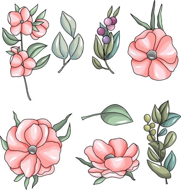 Illustrazione di foglie e fiori rosa