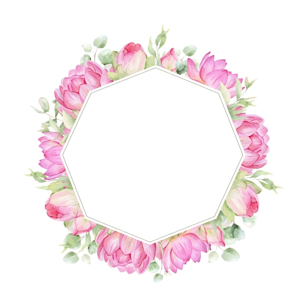 Pink flowers lotus Watercolor illustration A frame of lotus flowers Wreath of chinese water lily