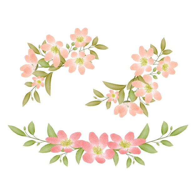 Pink flowers. Set of wreaths, flower arrangements of roses, leaves, flower branches, roses, twins.