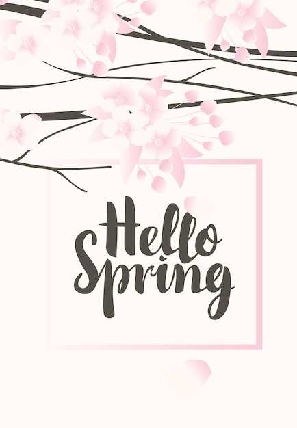 Pink flowers on a white background with the word hello spring