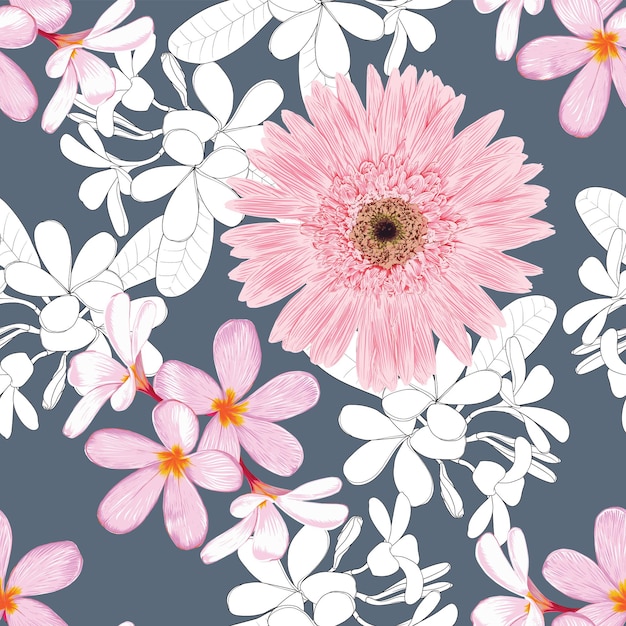 Pink flowers and white leaves floral pattern on dark blue background