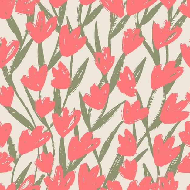 Pink flowers with green leaves brush textured on light  background. Floral seamless pattern