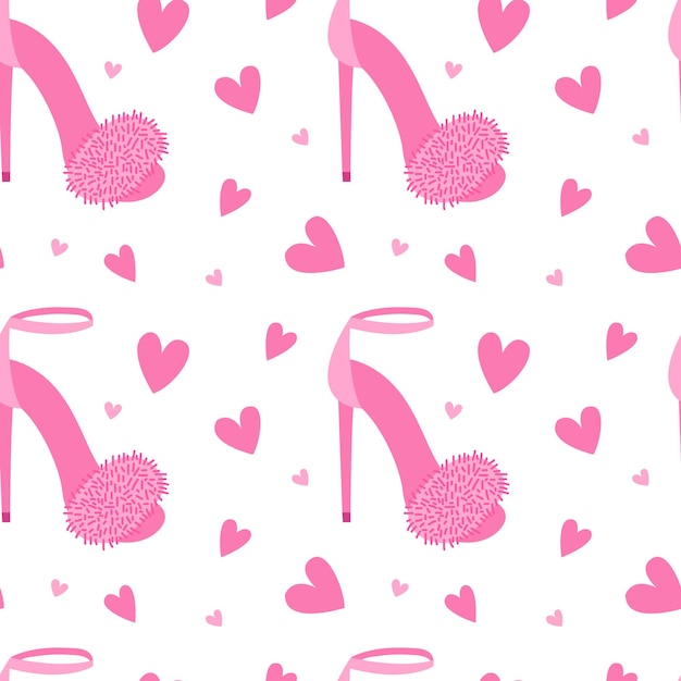 Pink fluffy shoe seamless pattern Flat style barbiecore fluffy high heels vector pattern