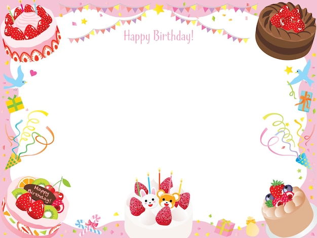 Vector pink frame illustration of birthday cake and party cracker and flag