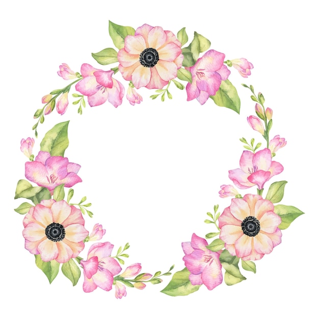 ピンクのフリージアの花の芽と葉 孤立した手描きの水彩のピンクの正方形のフレーム 庭の花 夏の花のピーン色の野生の花の花束 結婚の招待状の花束 カード 商品のパッケージ