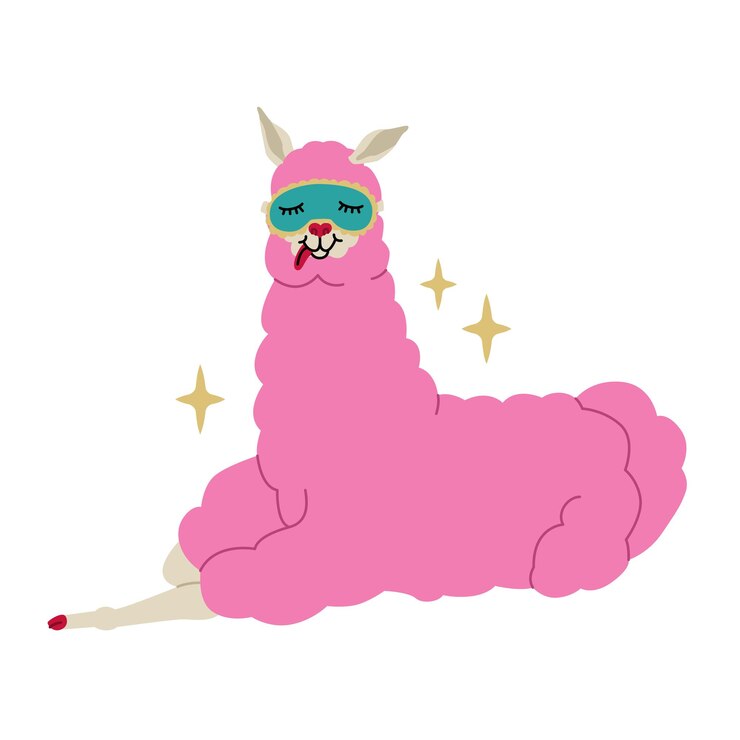 Vector pink funny llama resting in eye patch for sleeping cute characters for kids tshirts and posters vector illustration isolated on transparent background