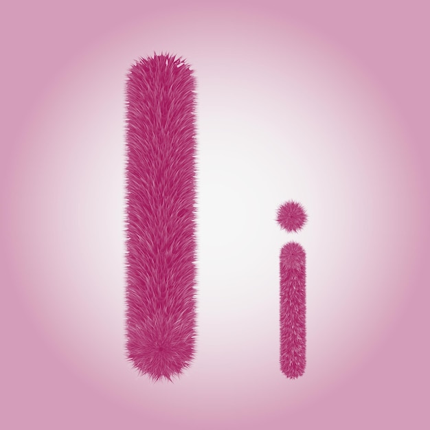 A pink fuzzy letter i is displayed on a pink background.
