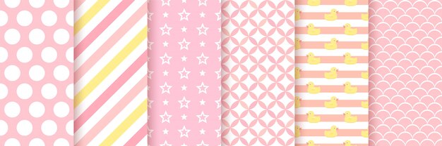 Vector pink geometric seamless patterns set
