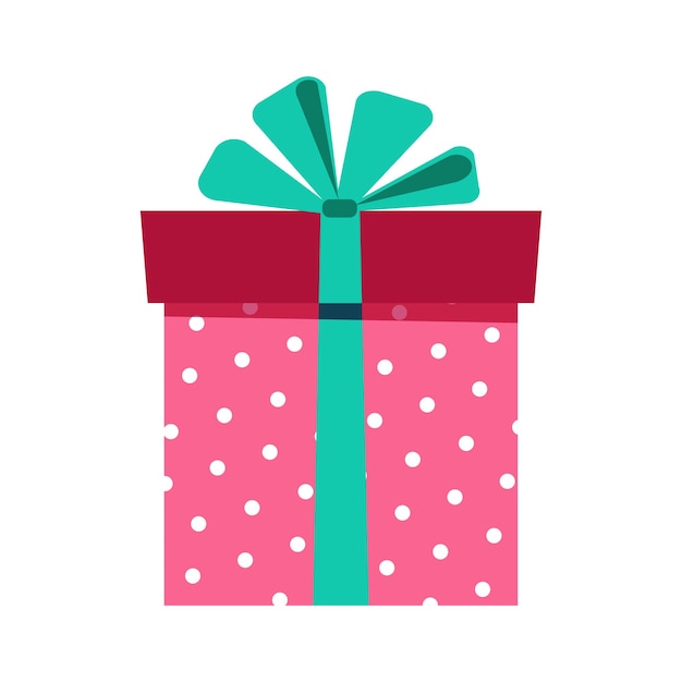 땡땡이 무늬가 있는 분홍색 선물 상자 격리된 배경에 녹색 활이 있는 상자